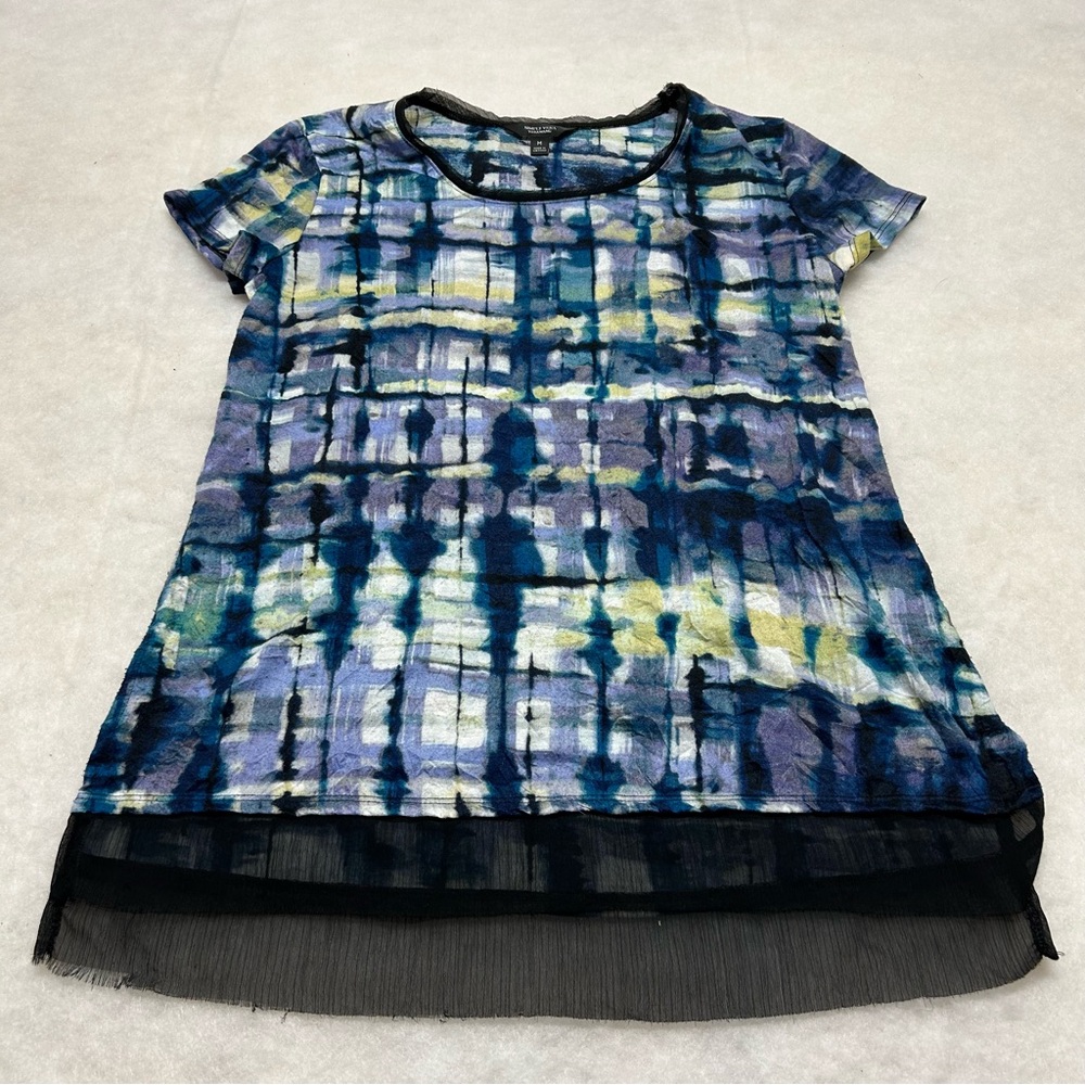 SIMPLY VERA VERA WANG CRINKLE HANDKERCHIEF HEM SCOOP NECK PRINT TOP SIZE M